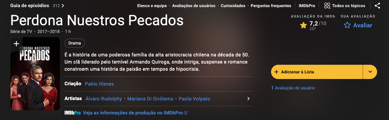 Perdona Nuestros Pecados, telenovela chilena no Prime Video
